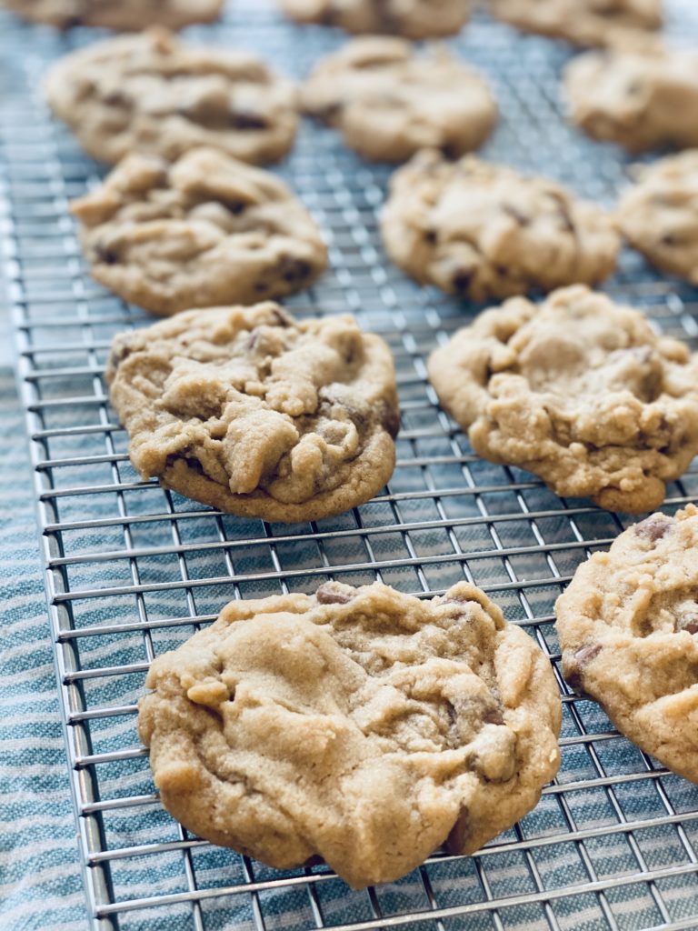 Egg free chocolate chip cookies laying on a cooling rack